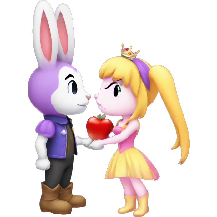 Nabbit the purple theif rabbit boy and Princess Peach kissing each other emoji