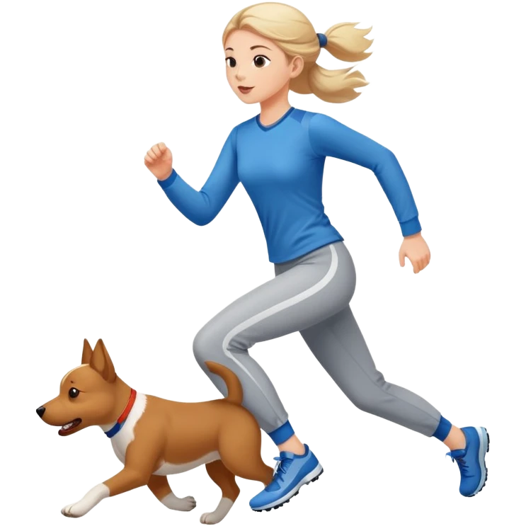 A beautiful girl with fair skin wearing sports long-sleeved shirt and long pants chasing a dog emoji