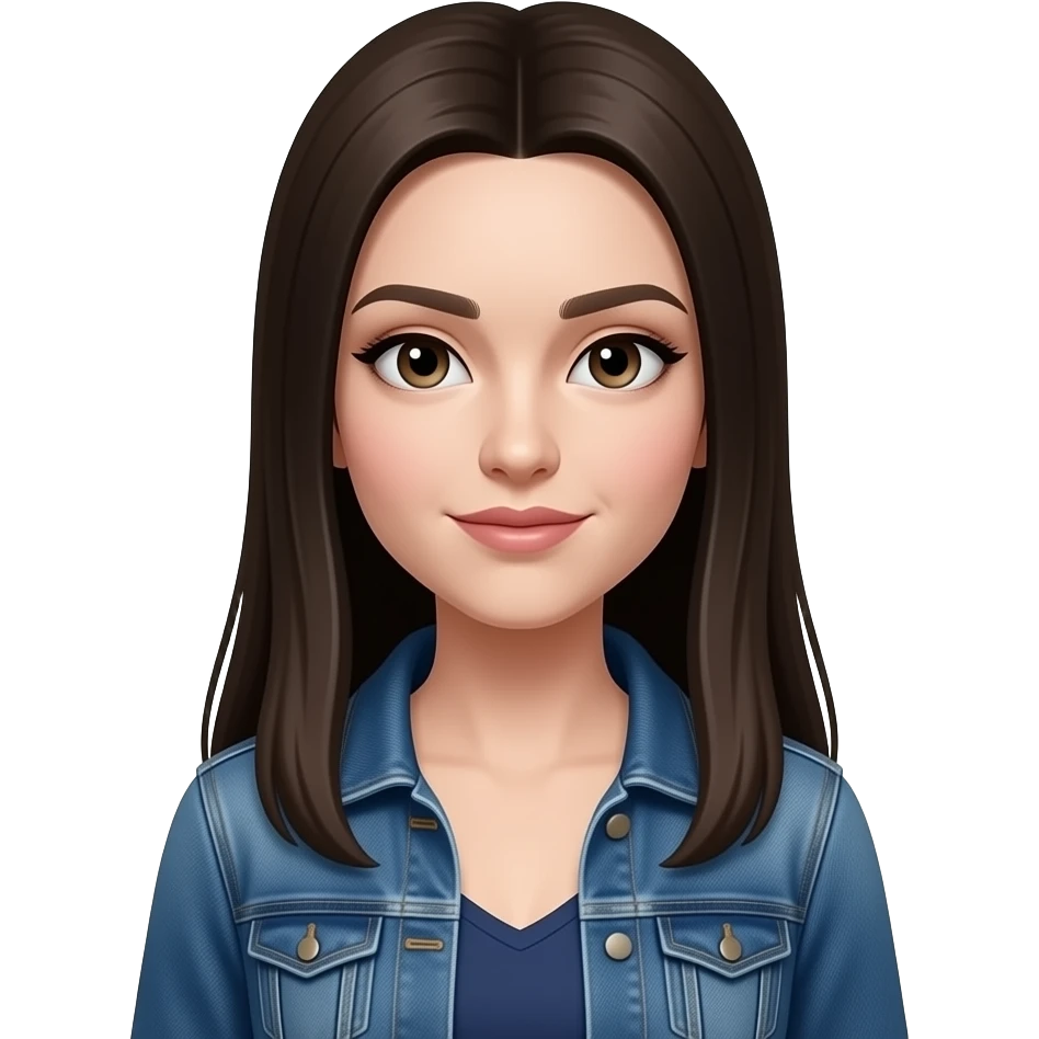 HT - hazel eyes, very pale white skin, widows peak, dark brown long straight hair, dark blue dress, denim jacket emoji