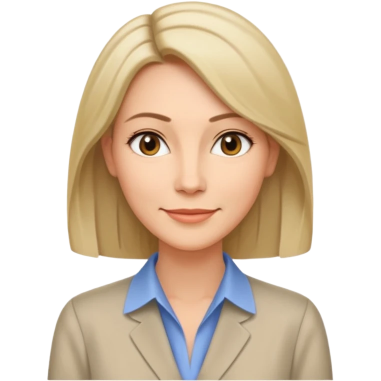 Женщина около сорока лет с прямыми волосами до плеч, собранными за уши, мягкая уверенная улыбка, строгая блузка нейтрального цвета без украшений. emoji