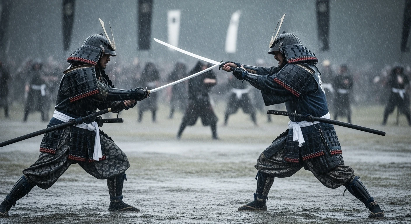 A cinematic scane from 1185, Motion blur, Wide shot of a two japan samurai face to face ready to fight during rain, deph composition, tense atmosphere, captured by by arri alexa, film directed by wes anderson emoji