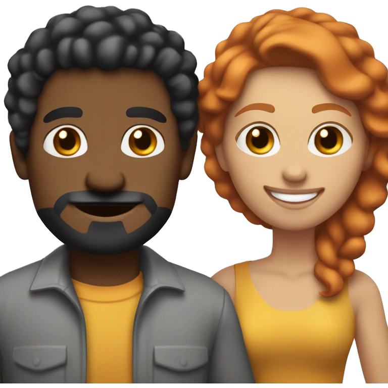 Emoji of a light-skinned red-haired woman and a dark-skinned man with black power hair, mustache, and goatee, holding hands and smiling in a minimalistic style, showing a friendly bond. emoji