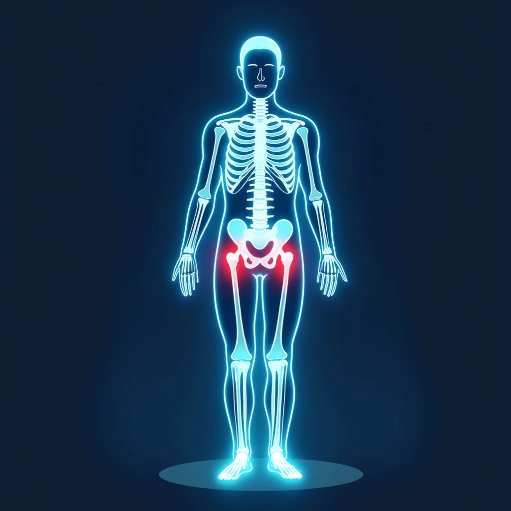 Medical illustration: glowing human body silhouette with highlighted joints, cool blue and green healing energy radiating outward, red inflammation areas being neutralized by blue light, clean clinical aesthetic, futuristic background emoji