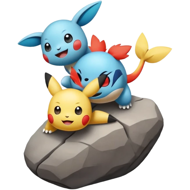 Two Pokémon characters working together — one is helping the other climb onto a small rock. Both look joyful and kind, with a bright, cheerful cartoon emoji style. emoji