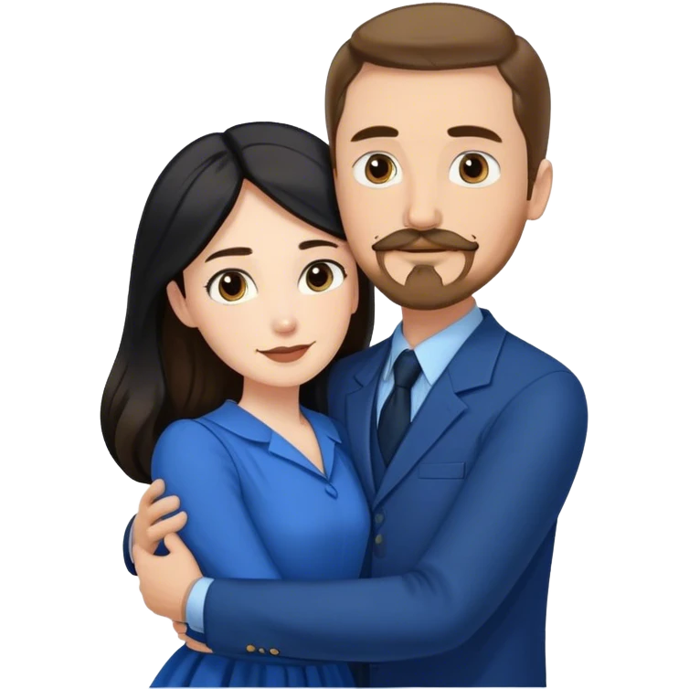 tall white man with brown hair goatee mustache hugging a pale woman with long black hair, wearing blue formal clothing emoji