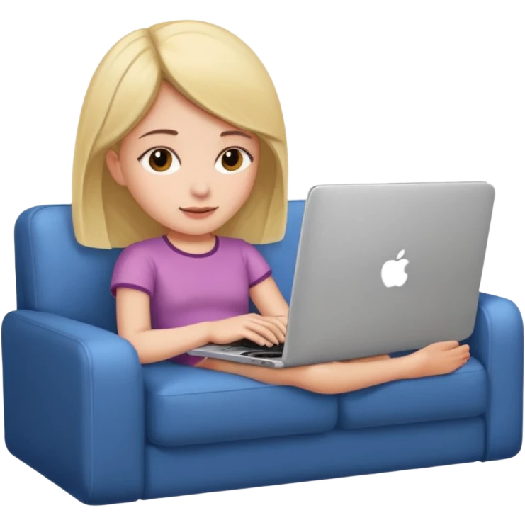 A girl is working with a laptop while lying on the sofa emoji
