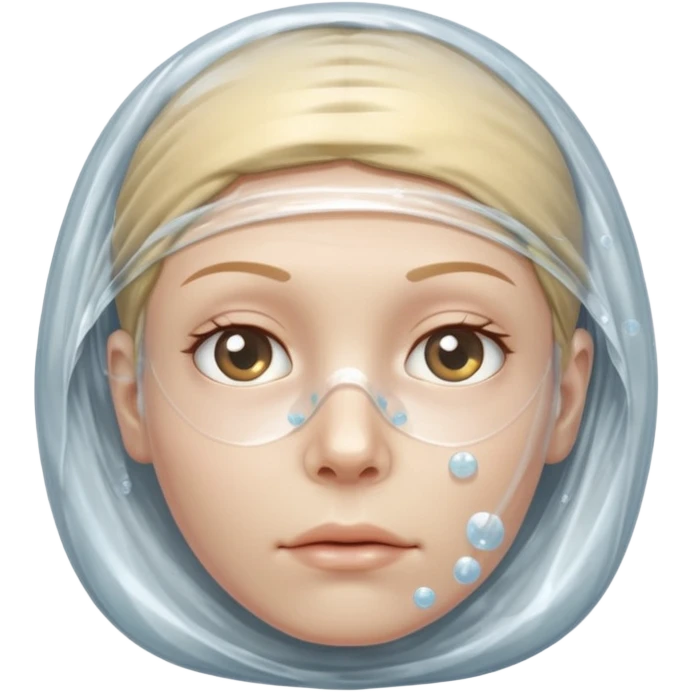 Human head completely wrapped in plastic wrap, air bubbles under surface. emoji