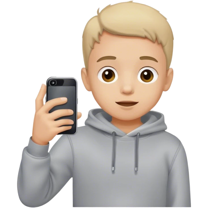 curios happy boy in sweatshirt taking photo picture with phone emoji