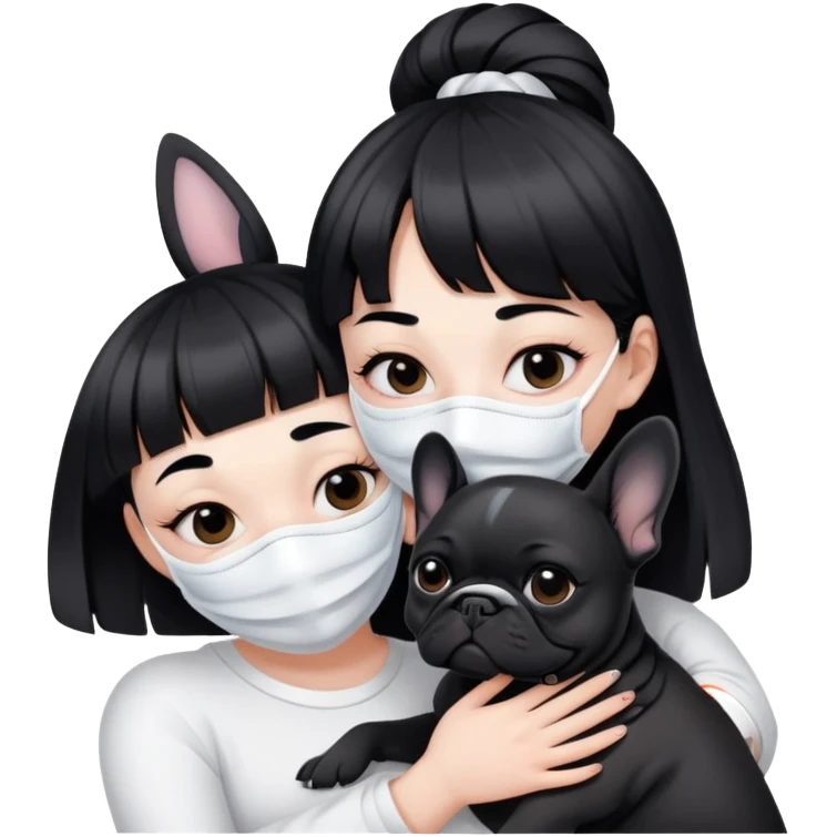 girl with short black straight bangs hair wearing a white mask and hugging one black French bulldoge  emoji