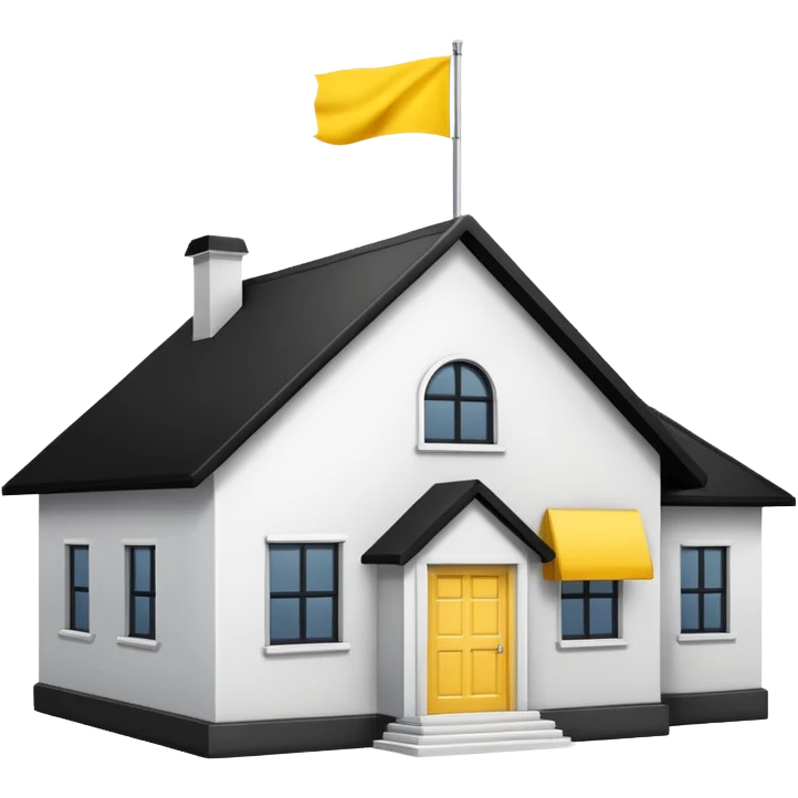 simple school, white background, magic school, black roof, with a big flag, big flag on a roof, big yellow flag, white school emoji