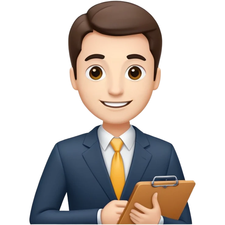 car salesman with a clipboard, cheerful expression, suit emoji