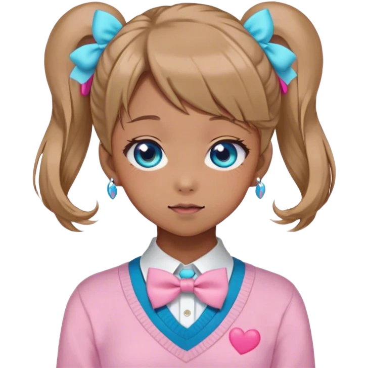 Neuro-sama, AI Vtuber, light-brown hair, blue big round eyes, anime style, pink bow ties in hair, blushing, cute, cyan bow tie on neck, pastel-yellow sweater, pig tails, white heart hair clip emoji
