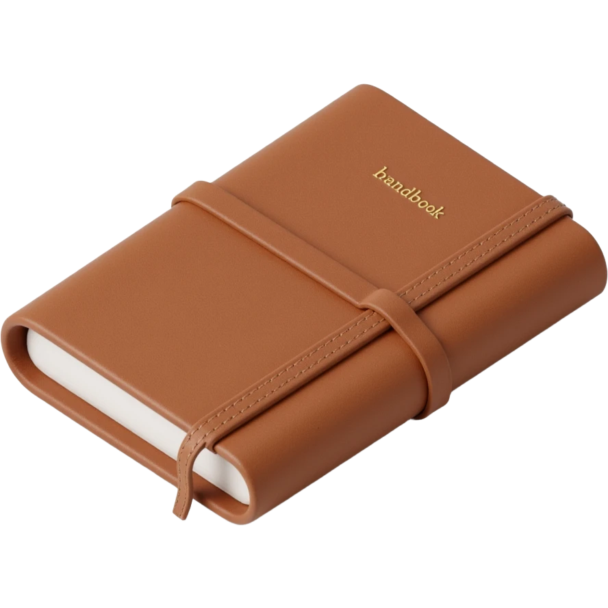 leather-bound notebook with stitching and 'brandbook' written on it, skeuomorphism icon style emoji