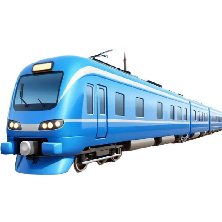 A 3D cartoon sleek white bullet train on tA 3D cartoon passenger train with blue carriages and visible windows, moving through countryside, Memoji-style.racks, high-speed motion blur, clean lighting, Memoji-style realism. emoji