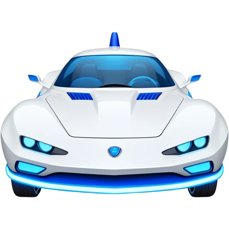 Futuristic retro hover white car with very sharp angular design and intense glowing blue wheels, direct front view showing headlights, flat vector style, minimal color palette with blue accents emoji