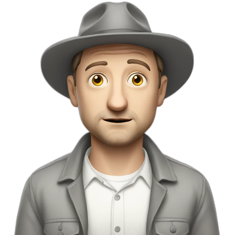 tim robinson wearing a grey fedora white shirt only looking scared and sad facing left emoji