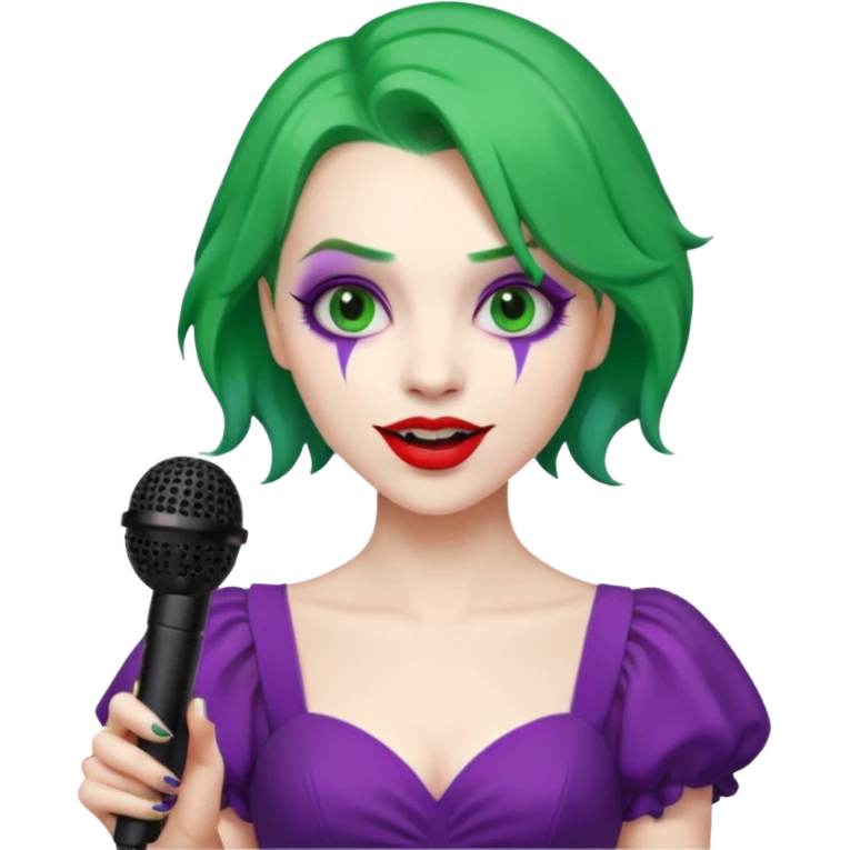 female joker with dress, microphone, singing emoji