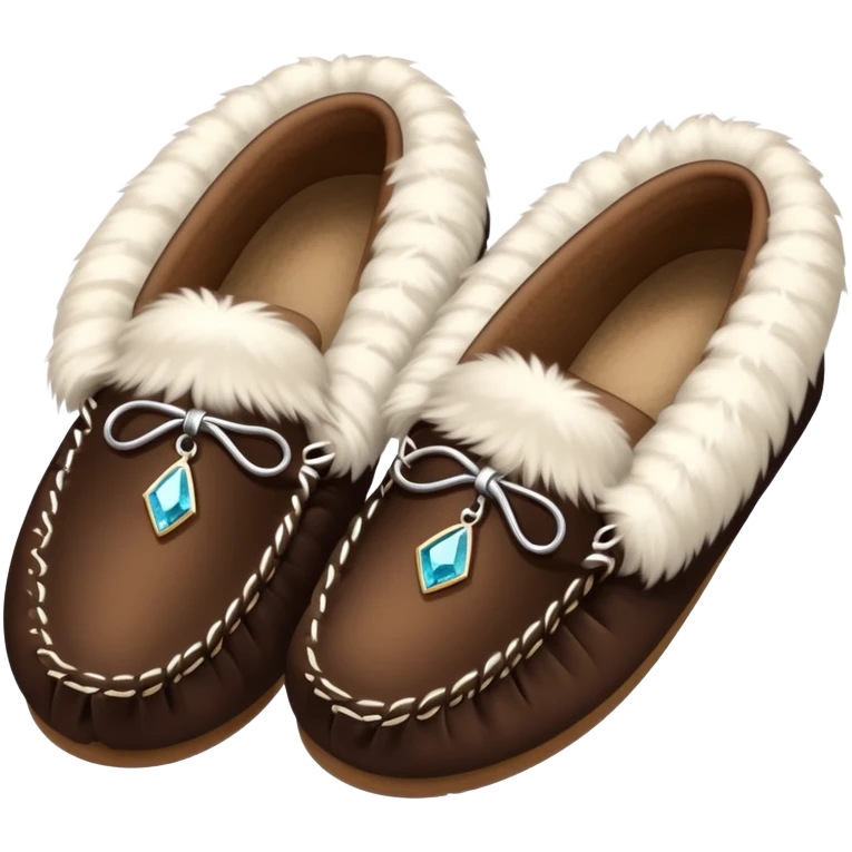 dark brown moccasins with diamond design and fluffy fur emoji