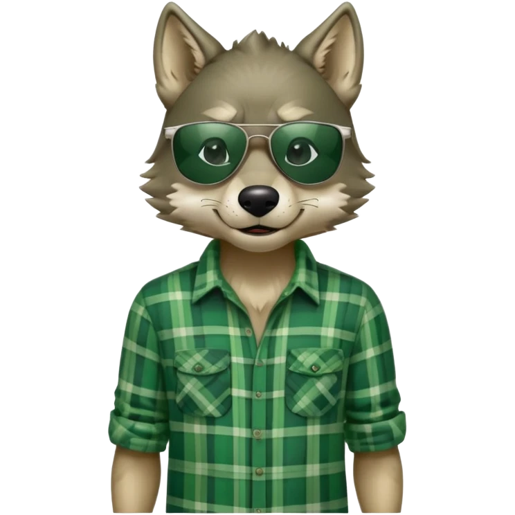 friendly anthropomorphised wolf in green plaid shirt and green attire for St. Patrick's Day, wearing dark sunglasses, upright pose emoji