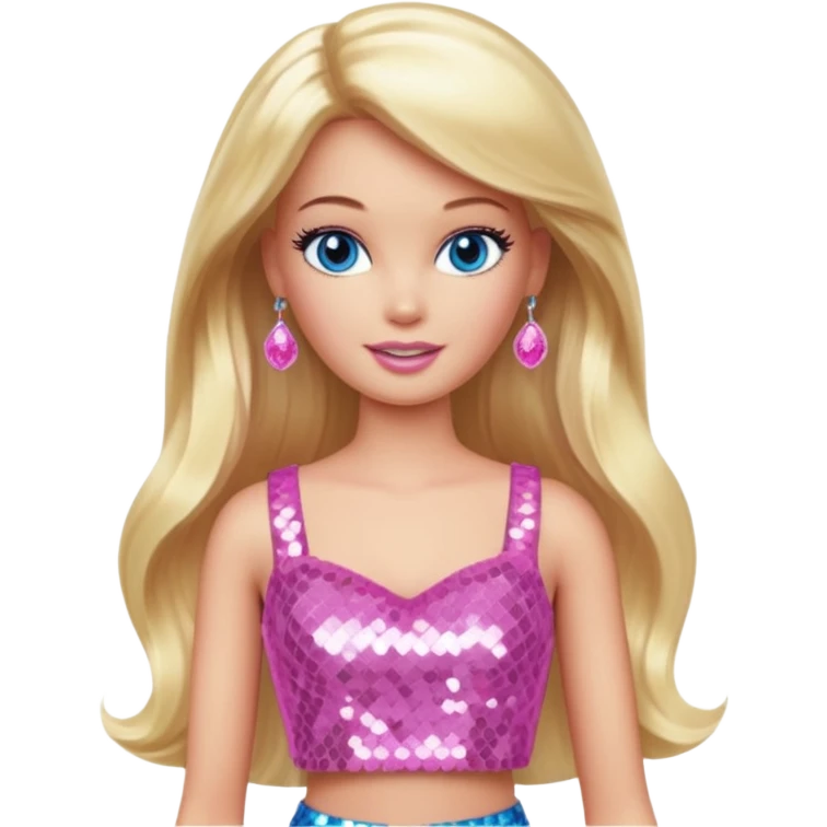 Barbie from Barbie & Friends with blue eyes, long blonde hair, pink sequin crop top emoji