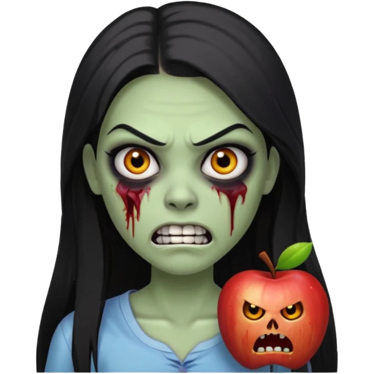 девушка зомби с темными длинными прямыми волосами, с черными макияжем глаз, тонкими бровями, со злым выражением лица и ровными белыми зубами в стиле Apple avatar emoji