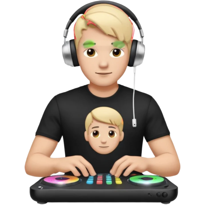 эмодзи парень диджей молодой с диджейский пультом красивый парень со светлыми волосами и в наушниках apple airpods max одет в черную футболку карие глаза  emoji