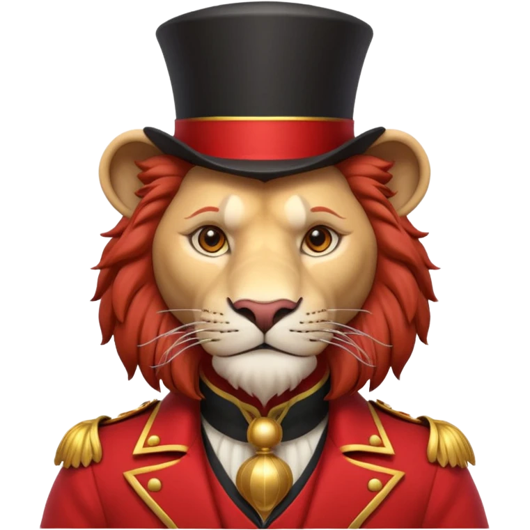 circus lion tamer portrait, head and shoulders only, red ringmaster jacket collar, confident strong look, whip handle visible, 3D cartoon, mobile game icon style, clean background, no text, no watermark
 emoji