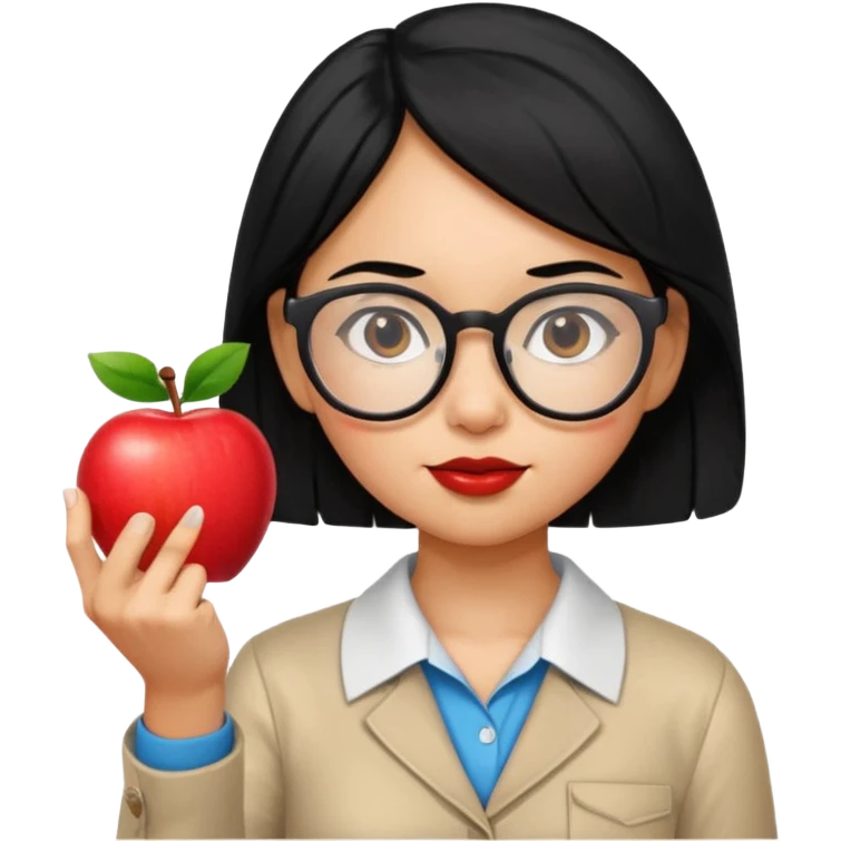 Guatemalan Girl with Black hair and Nerdy Glasses sticking up pointer finger, holding an apple. tan skin emoji