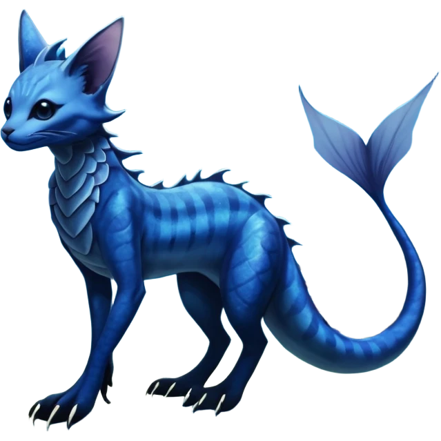 Epic complex abyssal fantasy divine glorious detailed dark dusky gloomy deep gothic gloomy cobalt-blue-abyss-blue-black-greyish, realistic Fakémon-Sprigatito-Floragato-Meowscarada-Vaporeon-Salandit-Trico-Sergal-Serval-Vernid-creature (full body) with mermaid-ears, tail fin, shiny sparkly, abyssal emoji