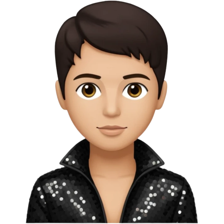 Frankie Zulferino, Pop Singer (b.1990) with dark brown hair, black sequin outfit, light tan skin emoji