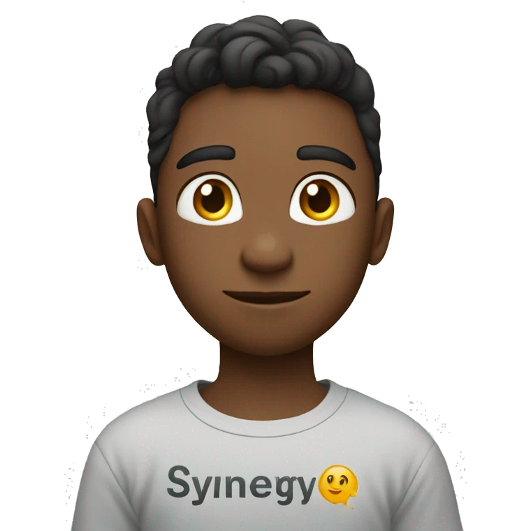 boy in a t-shirt with the inscription Synergy shows like emoji