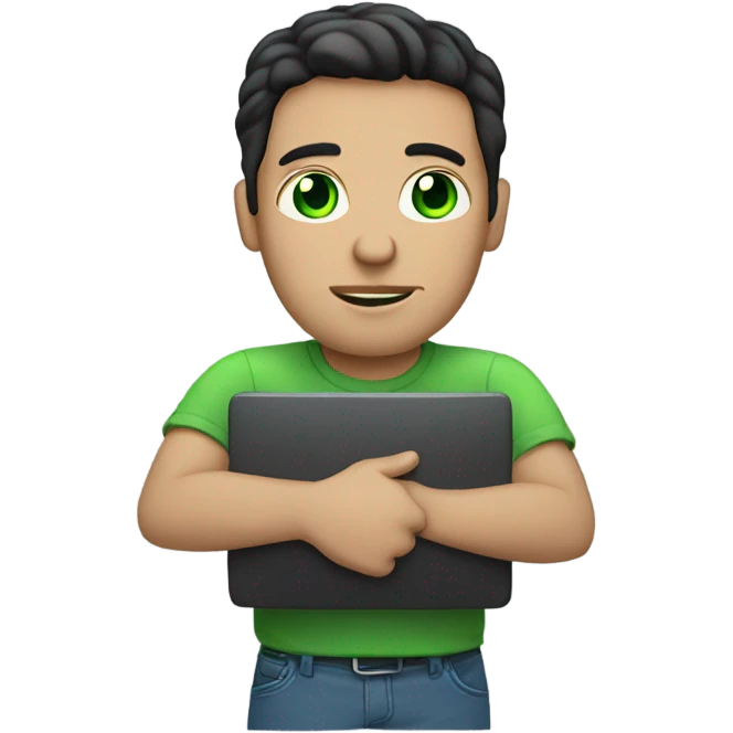 a man with green eyes, dark hair, light skin, a computer in his hands emoji