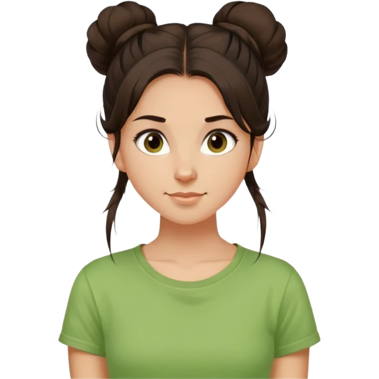 a girl with long dark brown hair with one high disheveled bun in light green t-shirt, a slight smile, dark brown eyes emoji