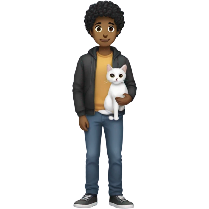 Standing Guy with short black curly hair holding a cat emoji