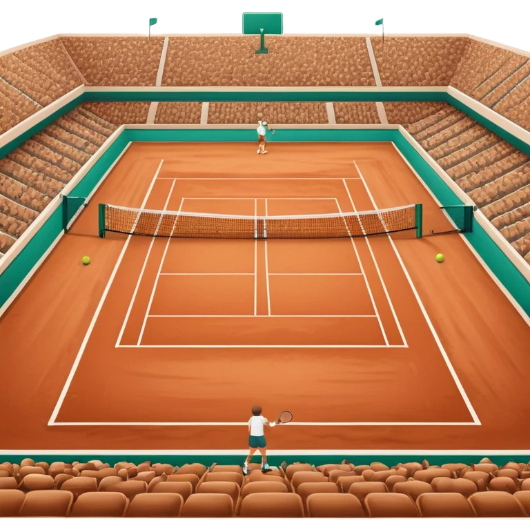 A tennis court at the Roland Garros tournament, with the iconic clay surface and a tennis ball bouncing near the net. The scene evokes the energy and excitement of the grand event, with vibrant crowds in the stands and a competitive atmosphere. emoji
