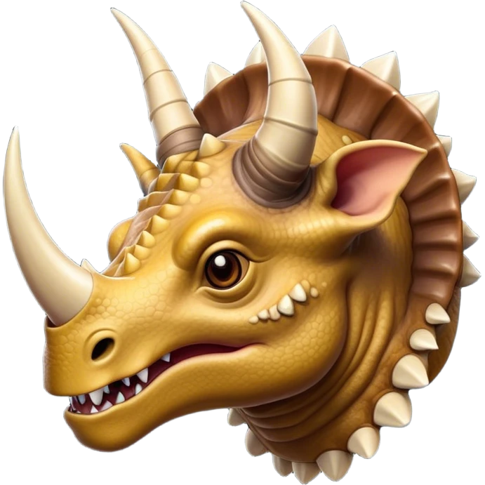 Cinematic Noble Triceratops Portrait Emoji, Poised and formidable, with a robust, stocky build adorned by three prominent horns and a broad, intricately frilled head, exuding ancient strength and wisdom, Simplified yet sharply defined features, highly detailed, glowing with a soft, earthy radiance, high shine, intelligent and stalwart, stylized with an air of prehistoric majesty, focused and resolute, soft glowing outline, capturing the essence of a watchful and confident Triceratops that appears ready to charge out of the screen with effortless power! emoji