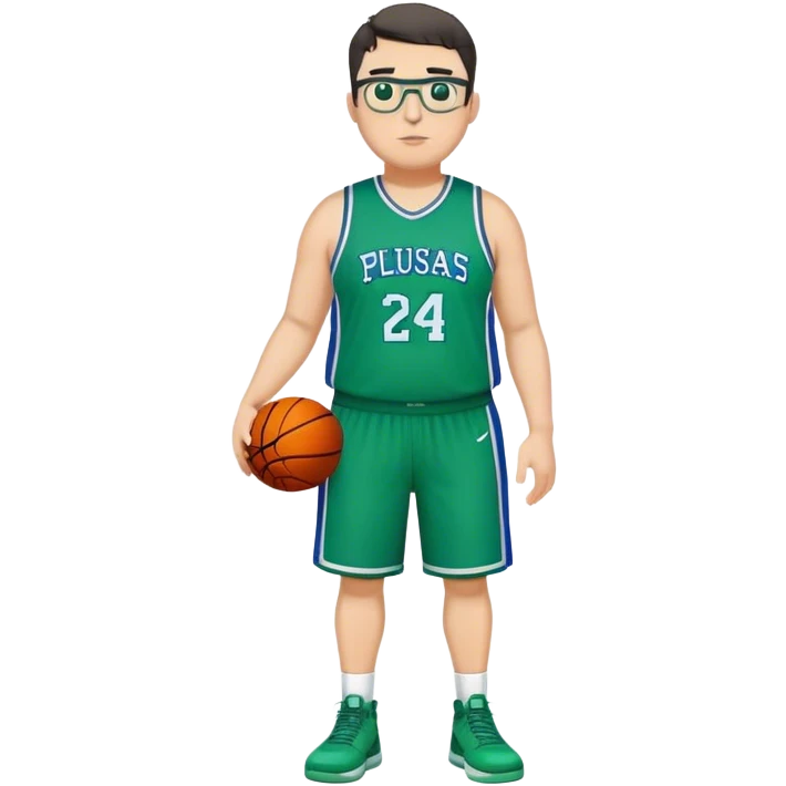 Full Body plus size tall white male with dark short hair basketball player wearing glasses wearing blue  with green uniform emoji
