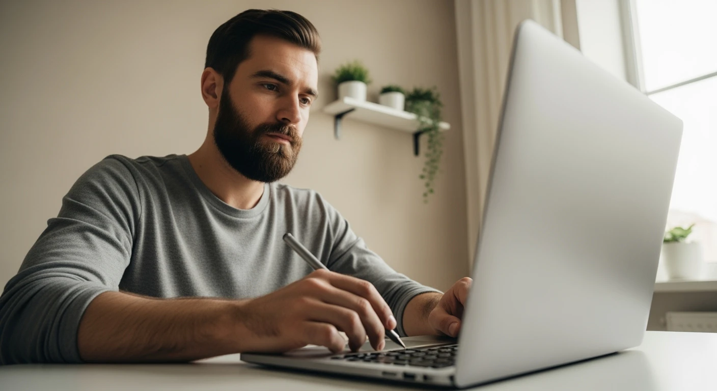 Cinematic still,Man Point of view, Man writing on macbook pro keyboard, minimalistic environment emoji