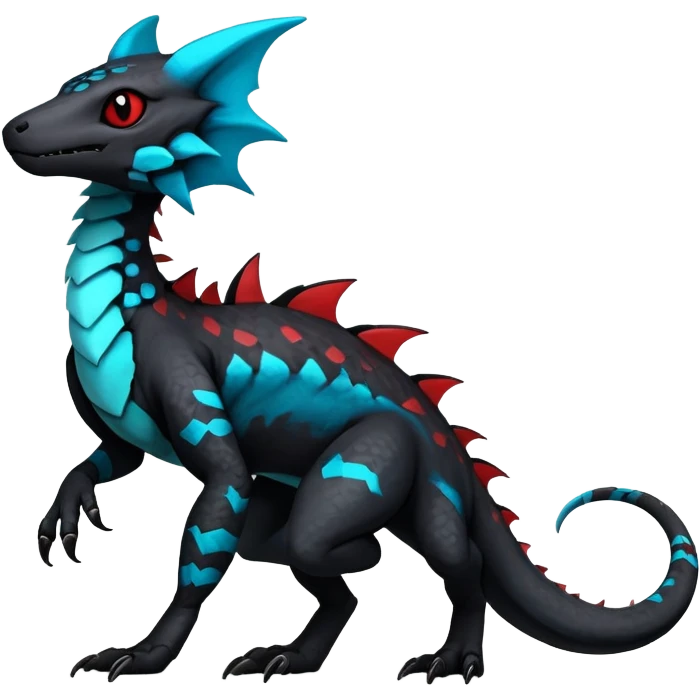 Rare realistic exotic edgy dark gothic gloomy spooky black and red/blue/cyan epic pretty beautiful handsome gorgeous aesthetic colorful vibrant Vernid-Trico-species-Fakemon-Salandit-hybrid-creature by LiLaiRa, 4 legs, 1 tail, random markings, (full body) emoji