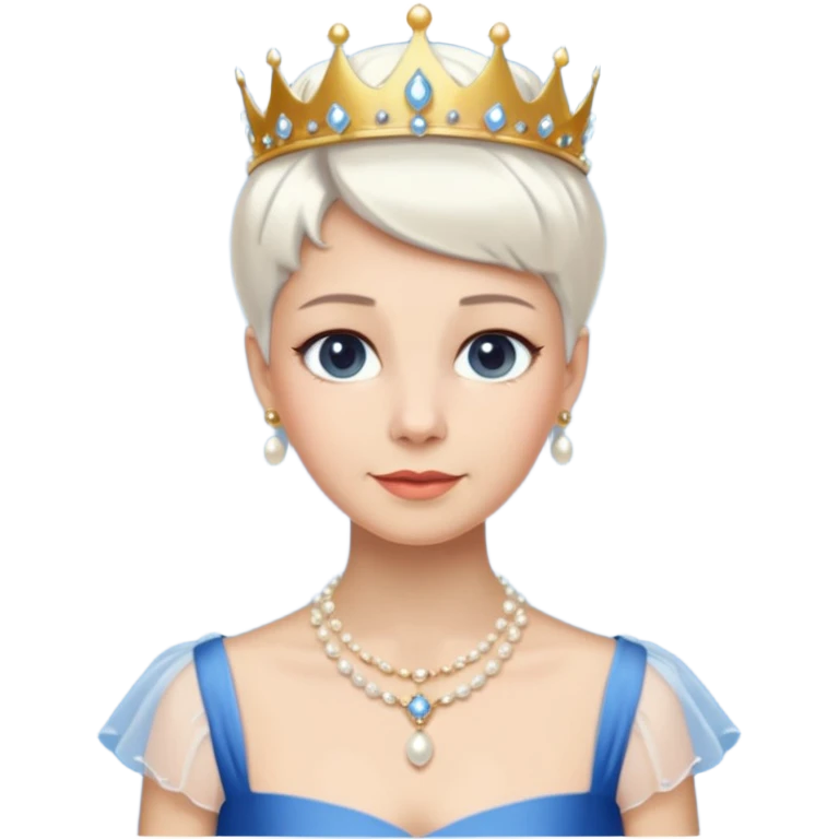 Queen with white short hair – gold tiara, pearl necklace, elegant gown, blue dress emoji