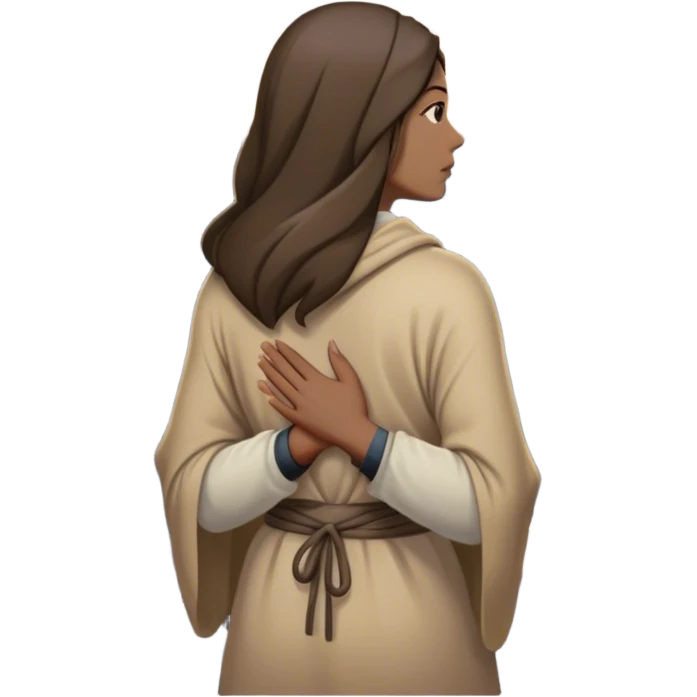 mountain crossroads with rocks , her back turned as she contemplates two trails—one illuminated,, and one shrouded in darkness, representing reaction. with hands on chest emoji