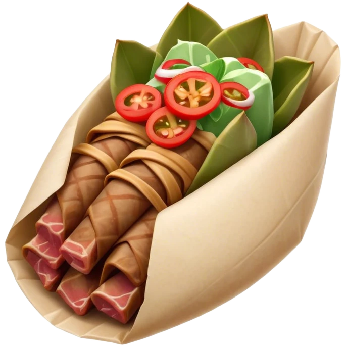 Gyros Cinematic Realistic Gyros Dish Emoji, depicted as succulent, spiced meat wrapped in paper for easy handling, rendered with lifelike textures and dynamic, warm lighting. emoji