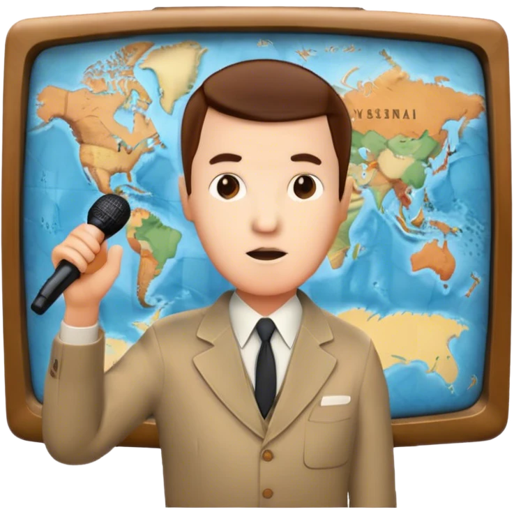 Icon for Documentary Film (TV style): A large vintage TV screen with a serious-looking host standing in front of a map. The host holds a microphone, and the map displays historical or geographical information. Retro TV broadcast style. Transparent background. emoji