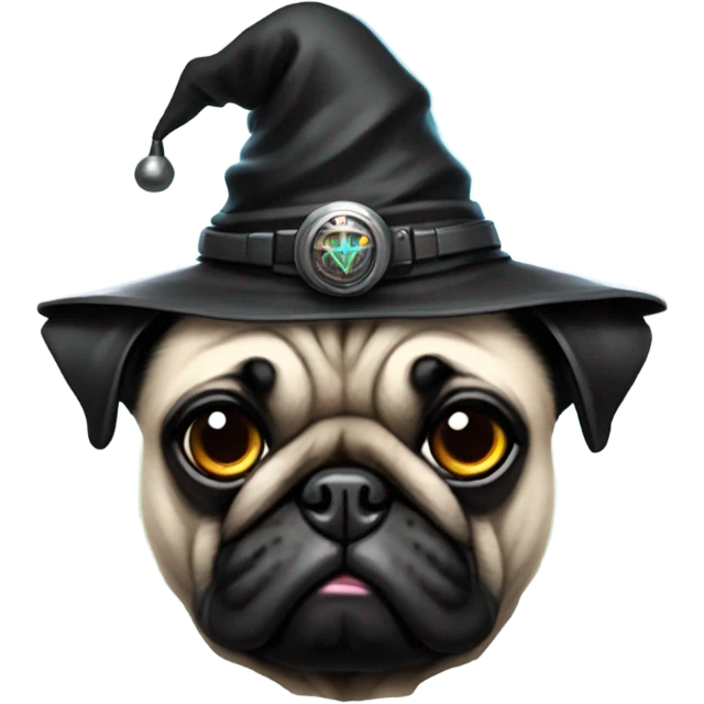 cyberpunk pug wearing a black wizard's hat emoji