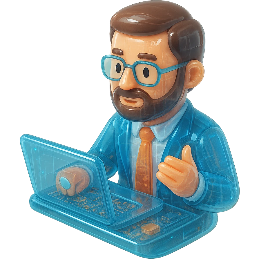 A 35-year-old male business coach sitting at a table with a laptop emoji