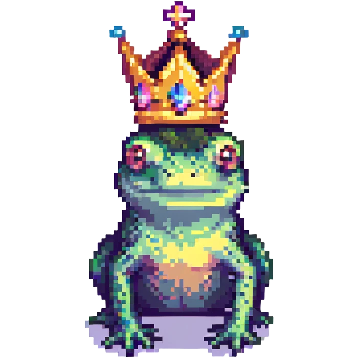 pixel art crowned frog wearing a crown, facing forward, minimalistic style emoji