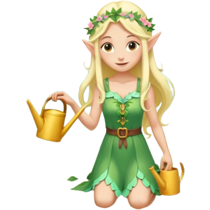 elf female tending to glowing beach plants, floral sundress, watering can or magic light, pointy ears, gentle smile, centered emoji, pastel magic emoji