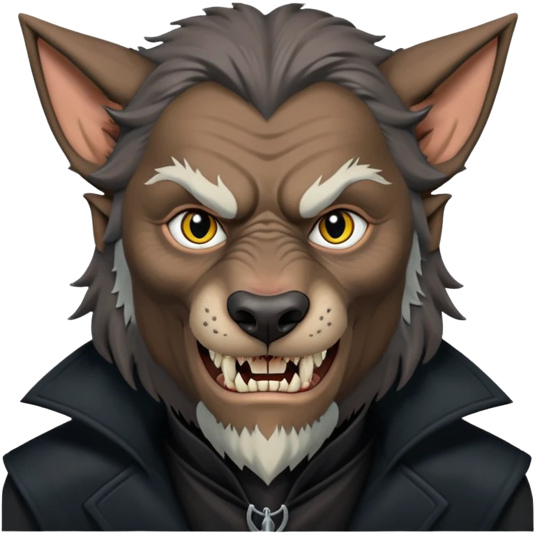 Fenrir Greyback in harry potter, black open chest coat, wolf face, pointed ear, bared teeth emoji
