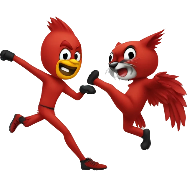 Cartoon cardinal kicking cartoon wildcat emoji