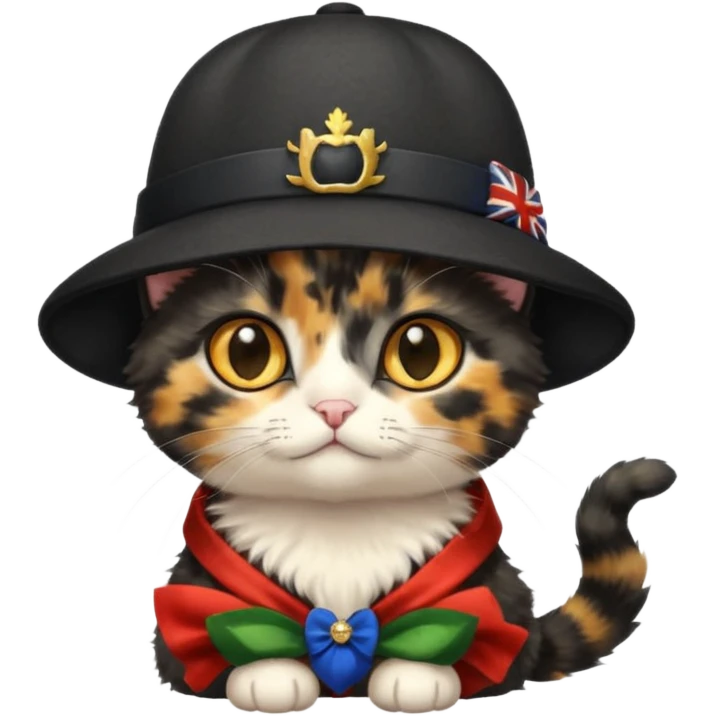 Cute black tortoiseshell kitten wearing a british hat, golden eyes emoji